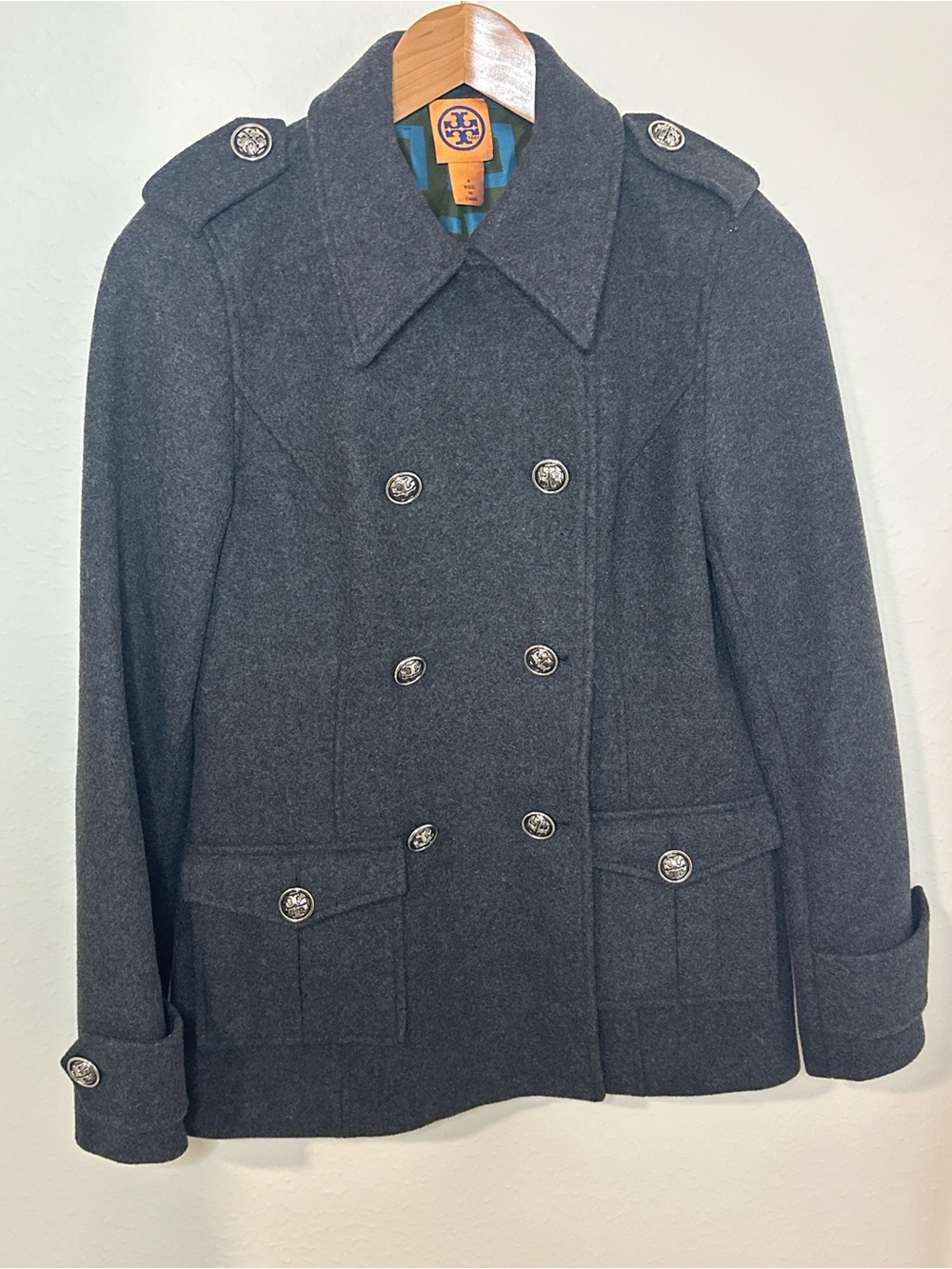 Tory Burch Wool Blend Pea Coat Jacket Gray Silk Lined Size 6